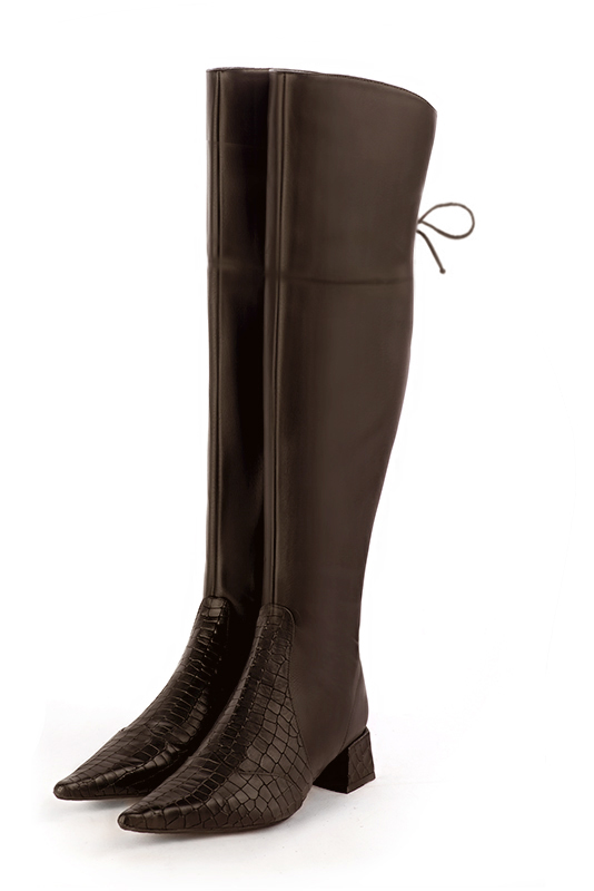 Dark brown women's leather thigh-high boots. Pointed toe. Low flare heels. Made to measure - Florence KOOIJMAN
